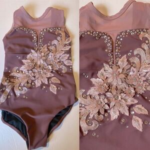 Five 5 Dance costume solo mauve mesh leotard custom rhinestone YXL XLC child